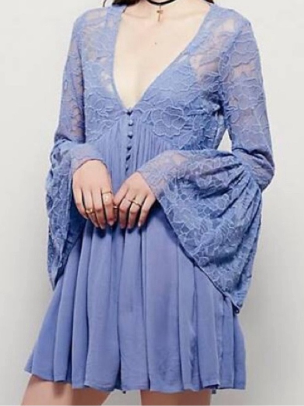 Free People "With Love From India"Periwinkle Lace Bell Sleeve Mini Dress Size XS - Picture 9 of 9